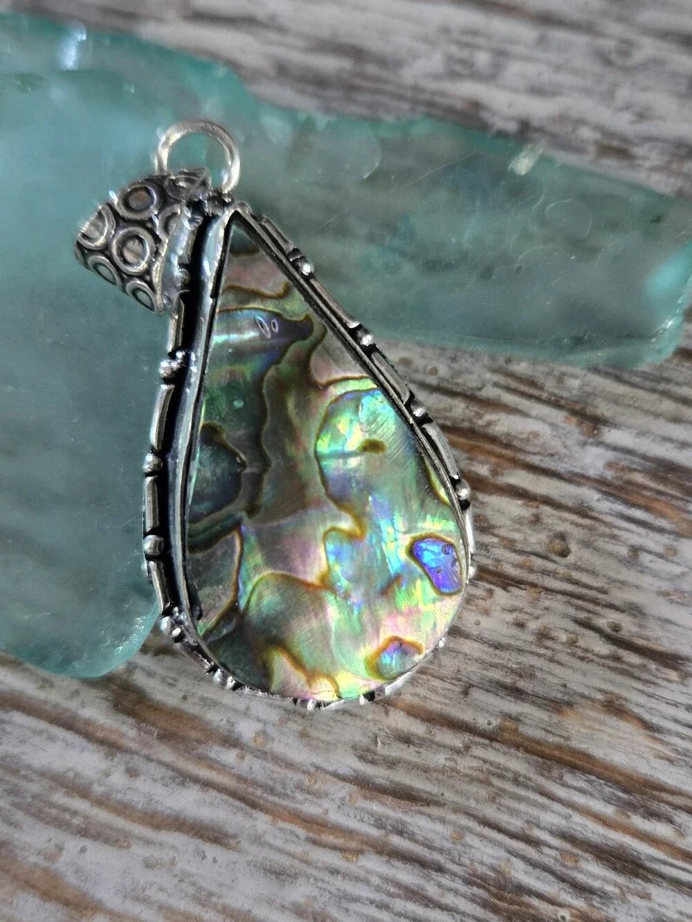 Abalone Pendant - Iridescent Green Blue Handmade